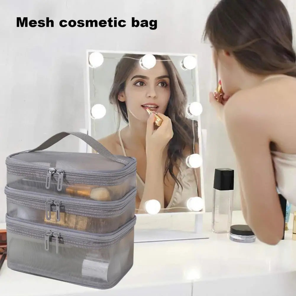 NEW Large Capacity Mesh Make Up Pouch Portable Multi-Layer Cosmetic Bag with Capacity Visible Zipper Closure for Travel Airport Outdoor 
 Makeup Storage Organizer Ladies Cosmetics Accessories Supplies