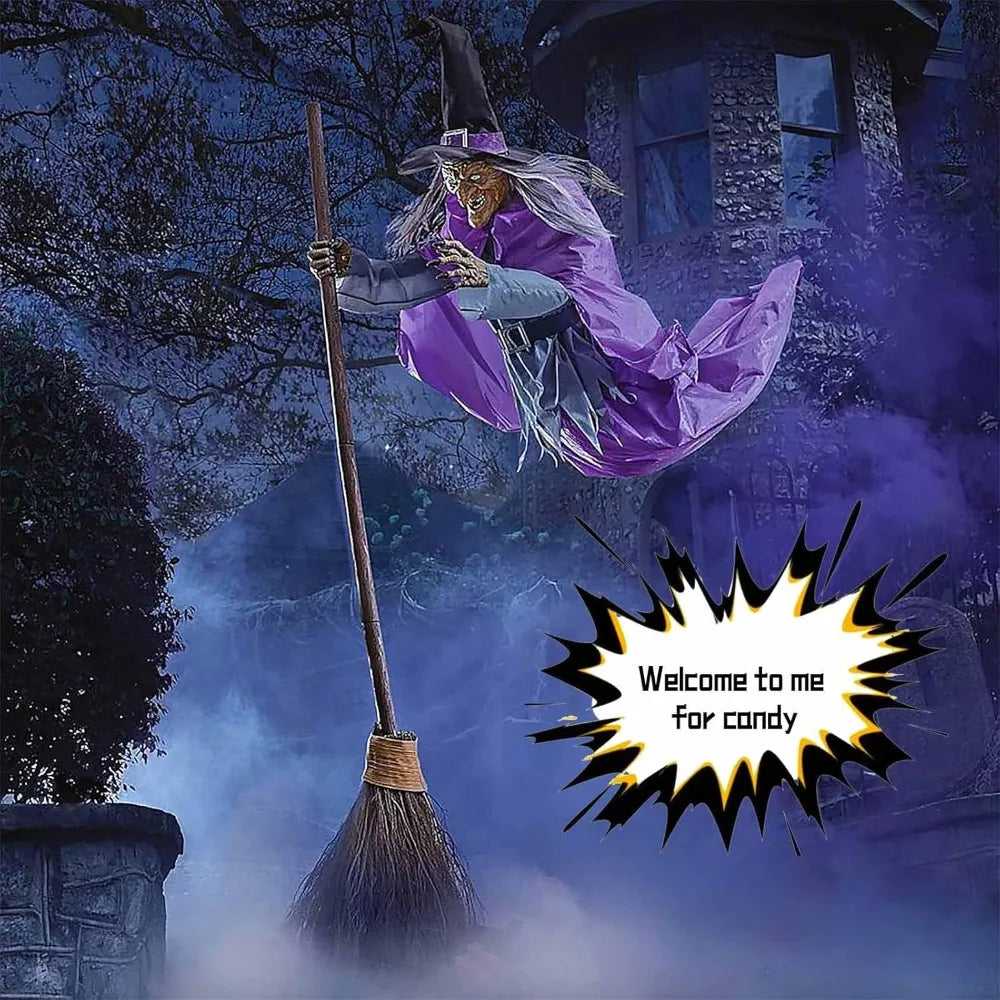 Halloween Animated Hovering Witch Animatronics Purple 6 FT Garden Props Flying Witch With Lights Hovering Witch Decorations