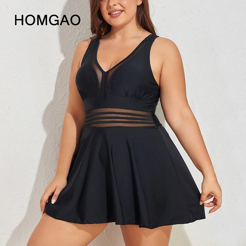 Neck Mesh Sheer Swimwear Women's Plus Size Floral Swimdress Tummy Control One Piece Swimsuit Bathing Suit Monokini
