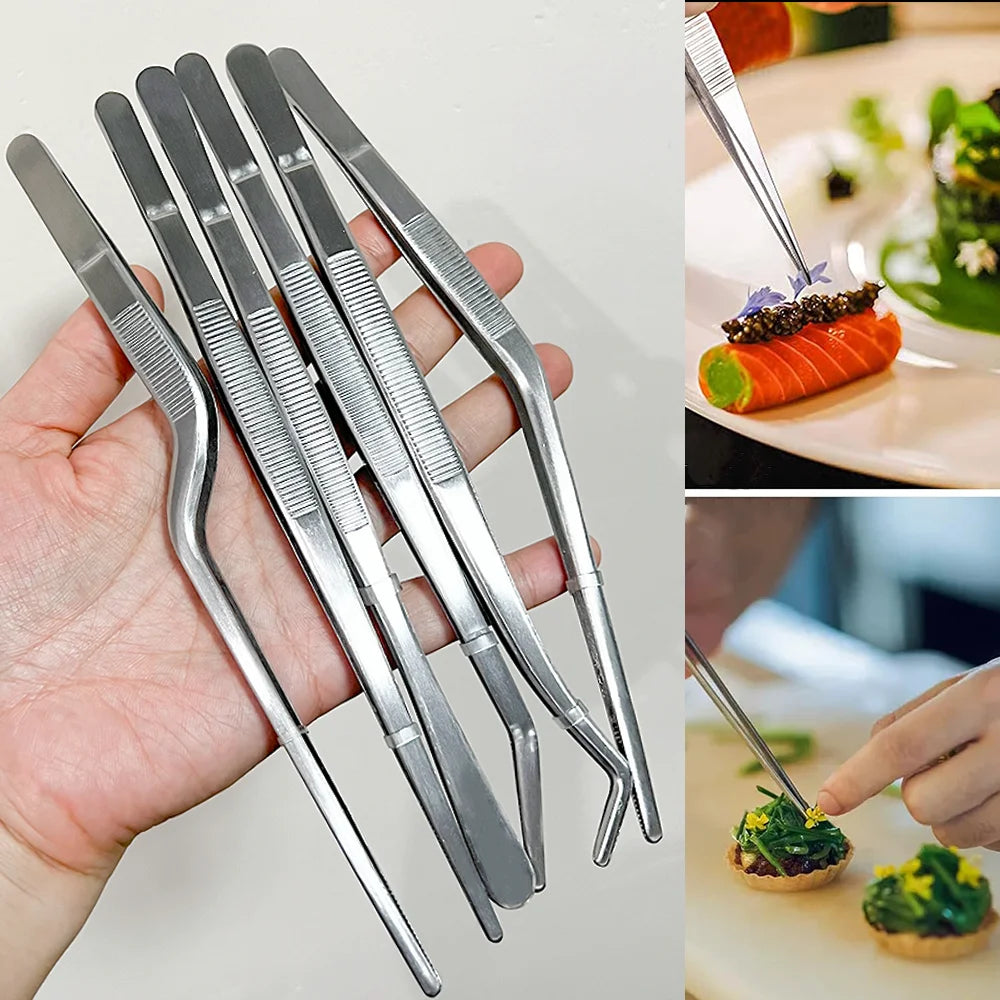 5 PCS Set Cooking Tongs Tweezers Set, Food Grade Stainless Steel, Non-Slip Bent Tip, Food Tongs, For Plating Cooking Baking, Home Use Outdoor Barbeque Camping Cooking Accessories