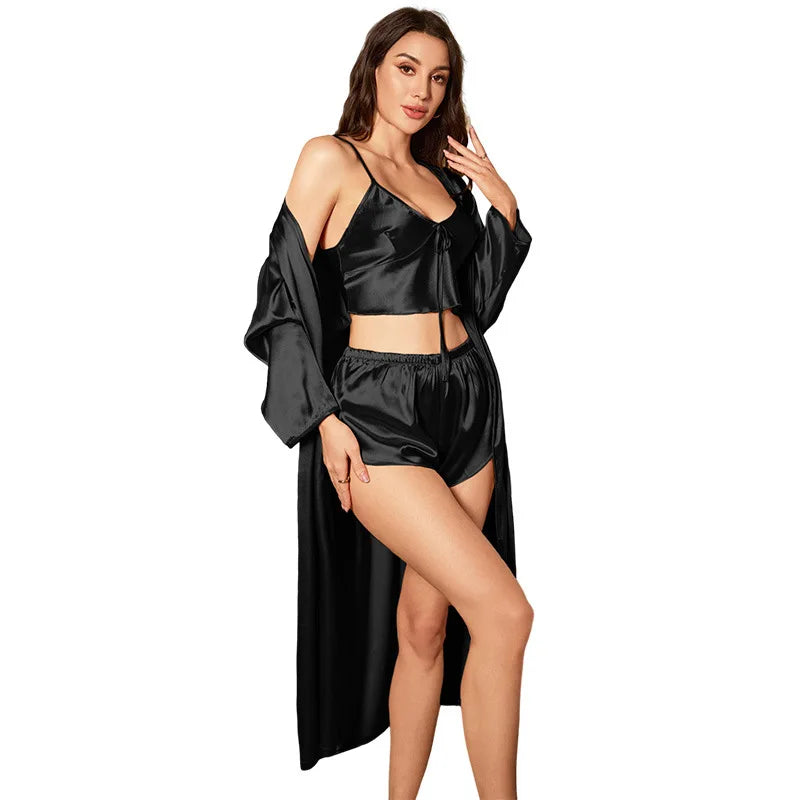 3 PCS Set S-XL Black/Champagne Color Ice Silk Sexy Women Pajamas Ladies Nightgowns Satin Robes Nightdress Sling and Short Women Robe Ladies Luxury Sensual Underwear Ensemble Clothes