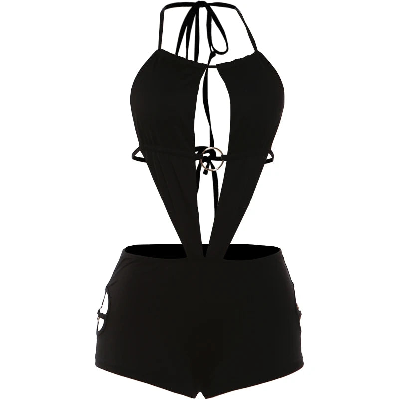 Sexy Hot Girl  Lace-Up Halter Playsuits Woman Sexy Hollow Design Metal Rings Patchwork Backless Skinny Peach Hip Hot Girls Wild Rompers Night Clubwear Evening Beach Party Clothes