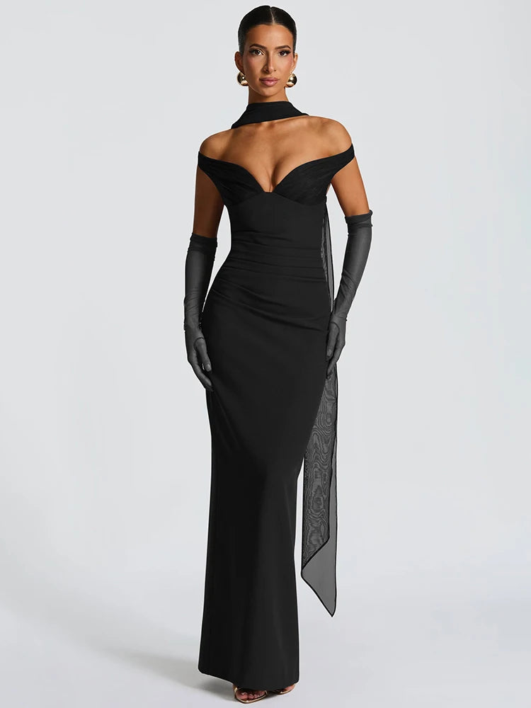 UK Size Black/Brown/Pink Color Scarf Collar Off-Shoulder Sexy Maxi Dress Women Gown Fashion With Sleeve Strapless Backless Club Party Long Dresses