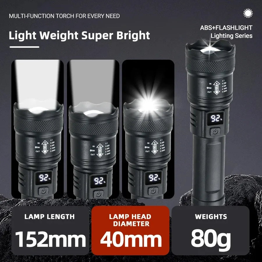 3 PCS Set 500m Lighting Distance Rechargeable LED Flashlight 10000LM Zoomable Torch Waterproof 5 Modes with LCD Display  Charging for Camping Hiking Night Walking Emergency Tools
