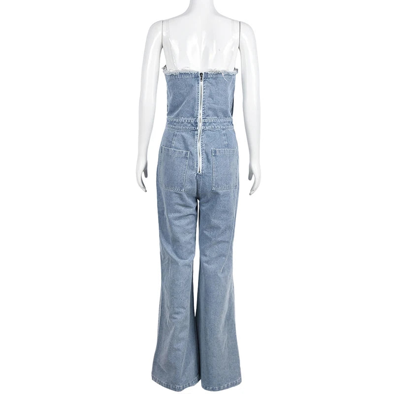 NEW Arrivals UK Size Casual Denim Jumpsuit Summer Women  Strapless V-Neck Zip Up Hole Street Trend Wide Leg Pants Club Romper With Pockets