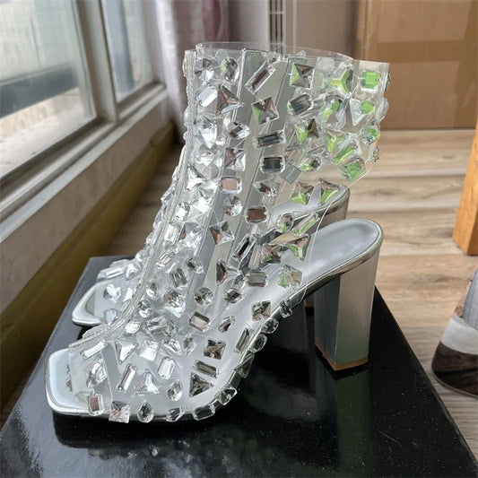 Crystal Transparent Rhinestone Zippered Sandals Spicy Girl Hot Dance Nightclub High Heels Silver Dress Paired with Women's Shoes