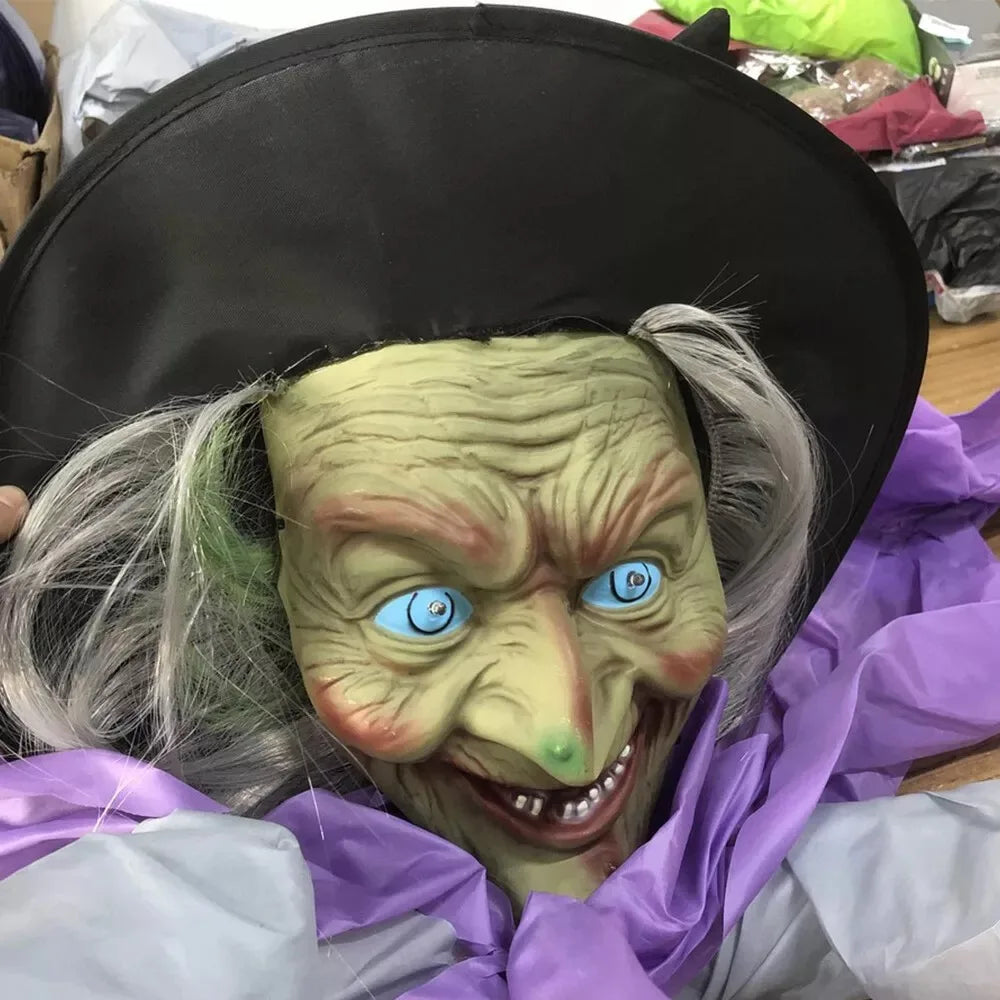 Halloween Animated Hovering Witch Animatronics Purple 6 FT Garden Props Flying Witch With Lights Hovering Witch Decorations