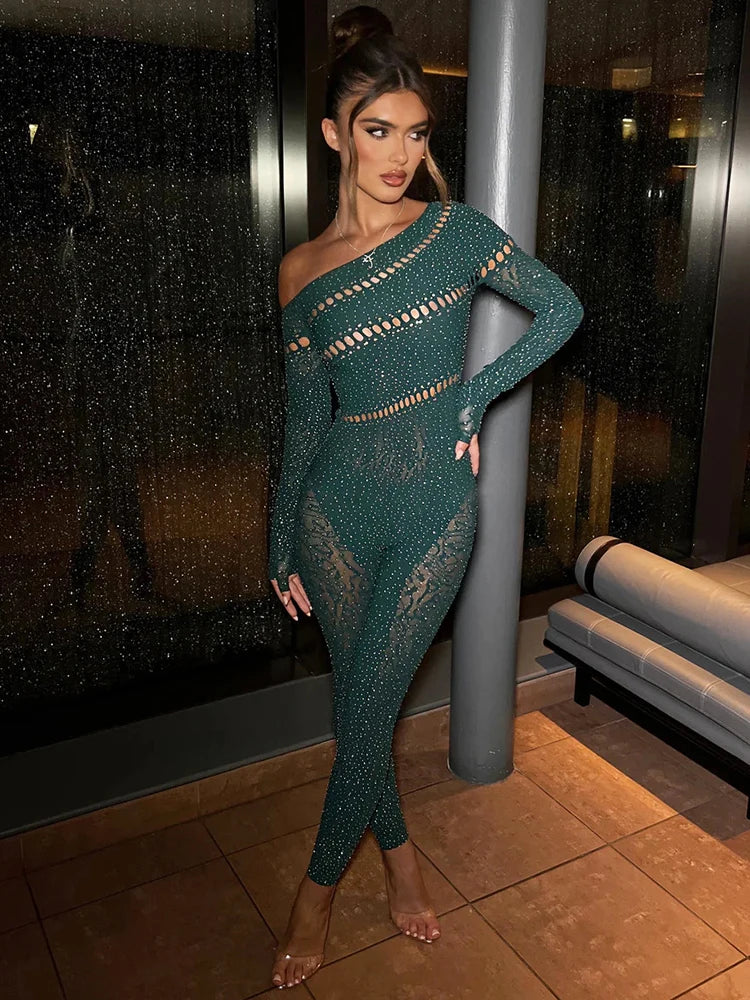 NEW Arrivals UK Size 8 Colors Off Shoulder Long Sleeve Jumpsuits Women Fashion Rhinestones High Stretch Hollow Out Sexy Overalls Sparkly Party Rompers