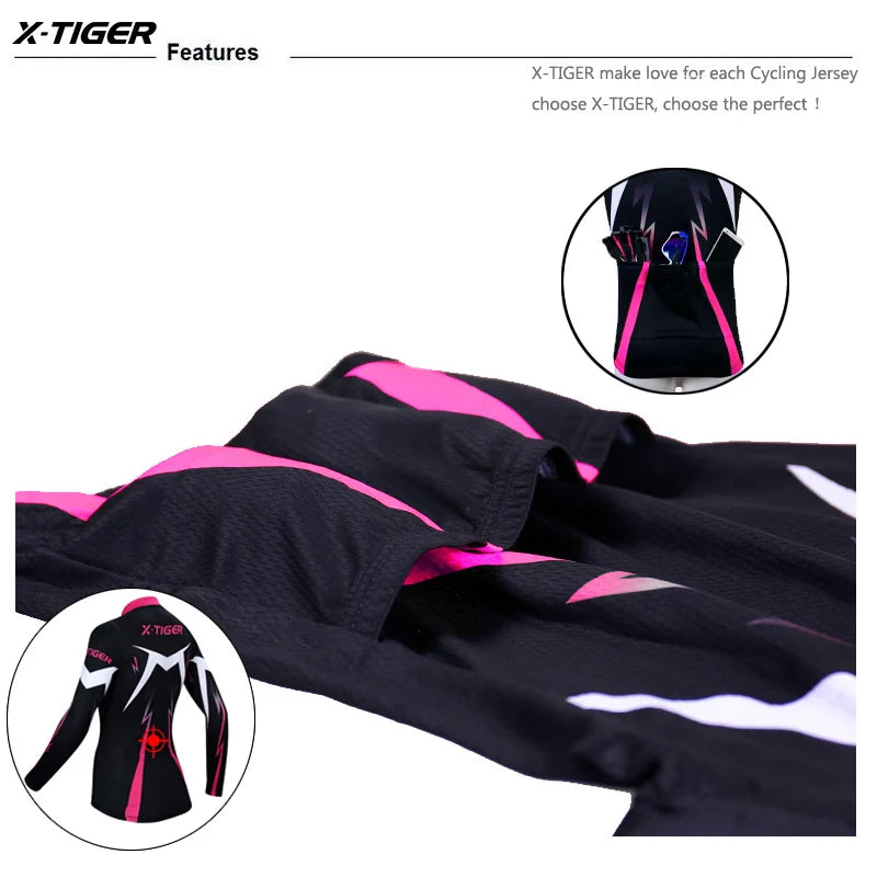 NEW Arrivals S-3XL Plus Size X-TIGER Women's Winter Thermal Cycling Jersey -5-10℃ Outdoor Sports Warm Fleece Fabric Long Sleeve Sportswear with Back Storage Pockets