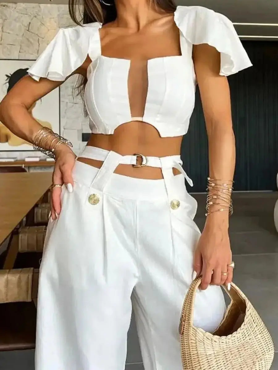 Summer Elegant Solid Women Two Piece Set With Pants Deep V Square Collar Sexy Short Top Wide Leg Pants Suit Office Lady Clothing