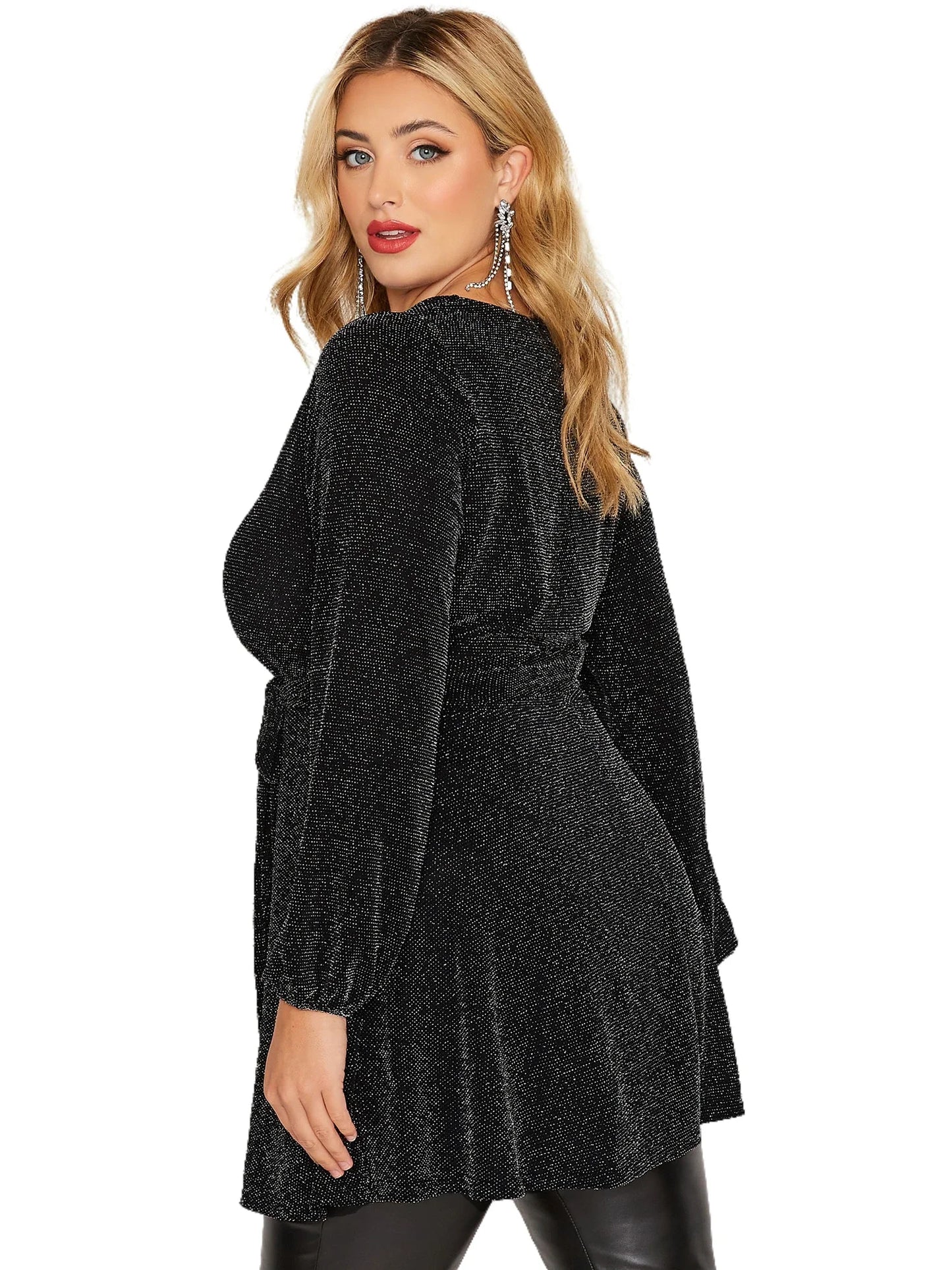 2XL-8XL UK Plus Size For Curvy Ladies Elegant Spring Autumn Wrap Top Women Long Sleeve Sexy V-Neck Black Glitter Blouse Sashes Waist Plus Size Clothing