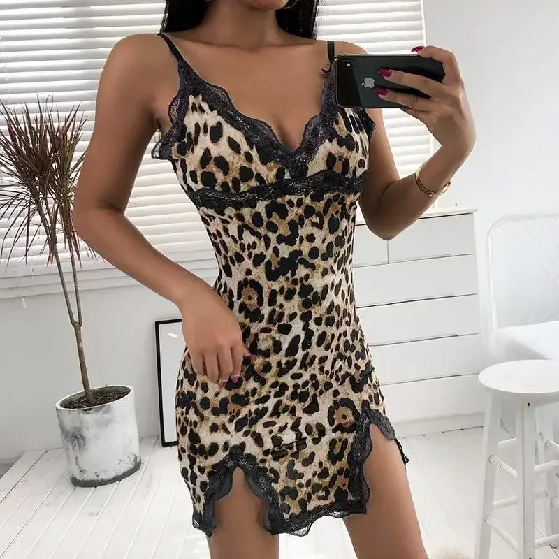 NEW Arrivals S-3XL Plus Size Sexy Lace Leopard  Split Strap Nightgown Sensual Underwear V-Neck Summer Home Clothes Women's Sleepwear Nightdress