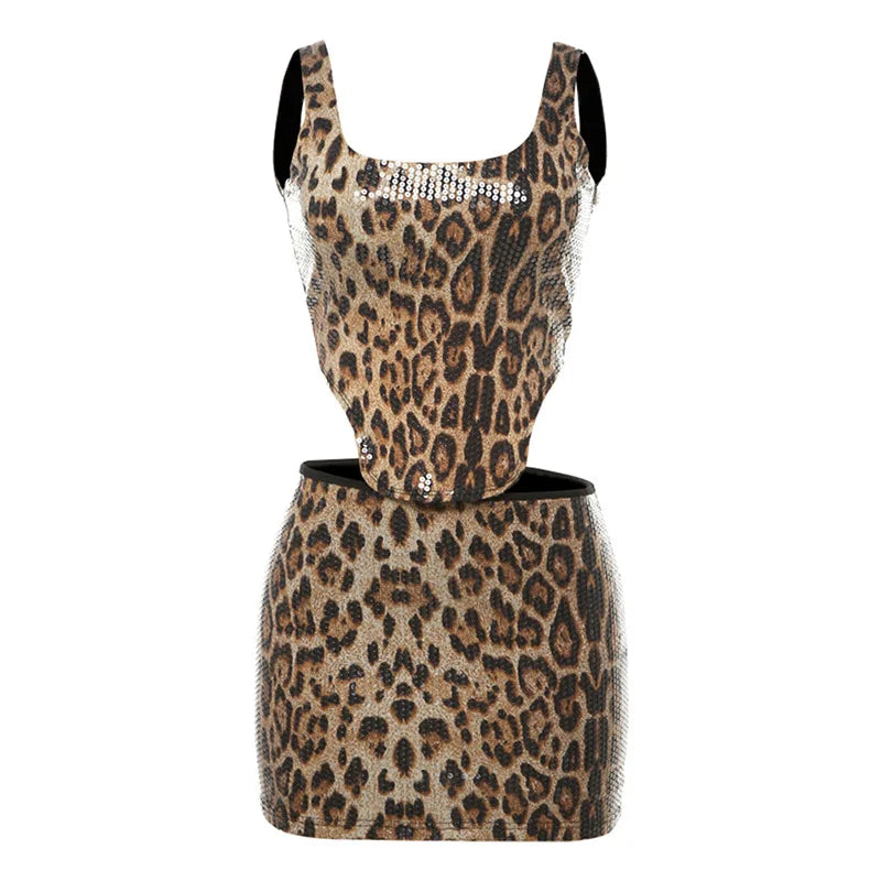 NEW Luxurious 2PCS Set Women Girls Leopard Sequins Backless Crop Top and Mini Skirt Sexy Evening Beach Party Night Clubwear Outfits  Backless Skirt Tracksuits Female Ladies Summer Sexy Fashion Clothing Supplies