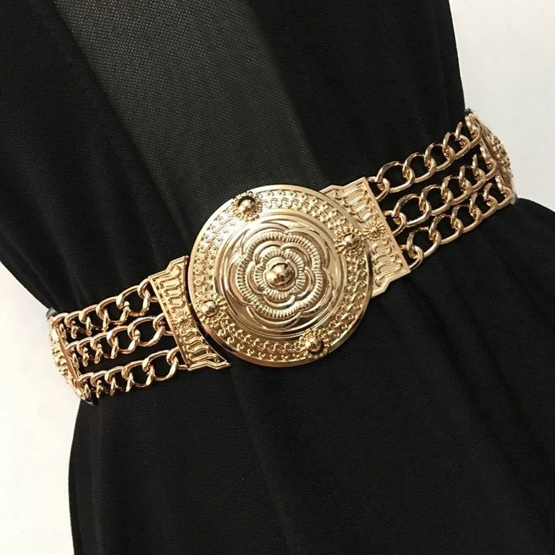 NEW Arrivals Women Female Flower Gold Belts Floral Elastic Metal Female Waist Belt For Dress Trouser Jeans Golden Chain Belt Ladies Girls Luxury Fashion  Apparel Accessories Clothing Products