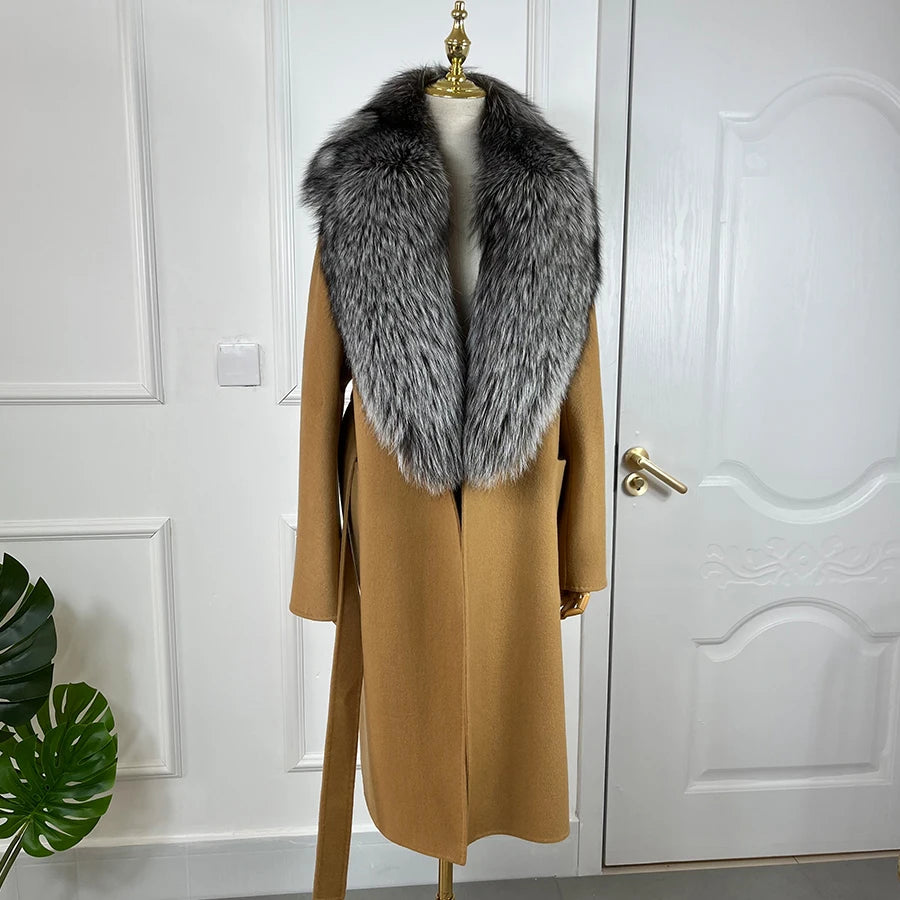 NEW Arrivals S-4XL 4 Colors Women 100% Cashmere Cardigan With Fur Natural Silver Fox Fur Coat Long Wool Blends Coat Fur Collar Cuffs Winter Evening Party Outerwear Ladies Luxury Fashion Apparel Products