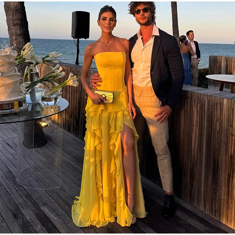 7 Colors Elegant Strapless Women's Dresses Sleeveless Waist Cinching Pleated Split Party Dress Spring Summer Evening Party Trendy Female Fashion