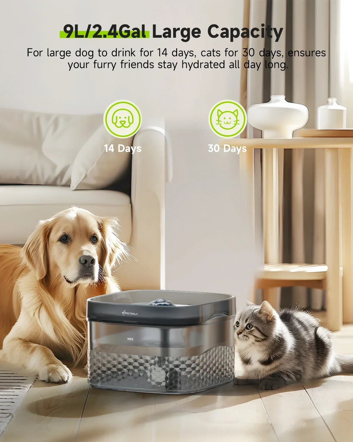 9L 2.4Gal/304oz 9L Pet Water Fountain with Ultra-Quiet Pump for Multiple Cats or Dogs Automatic Cat Drinking Dispenser