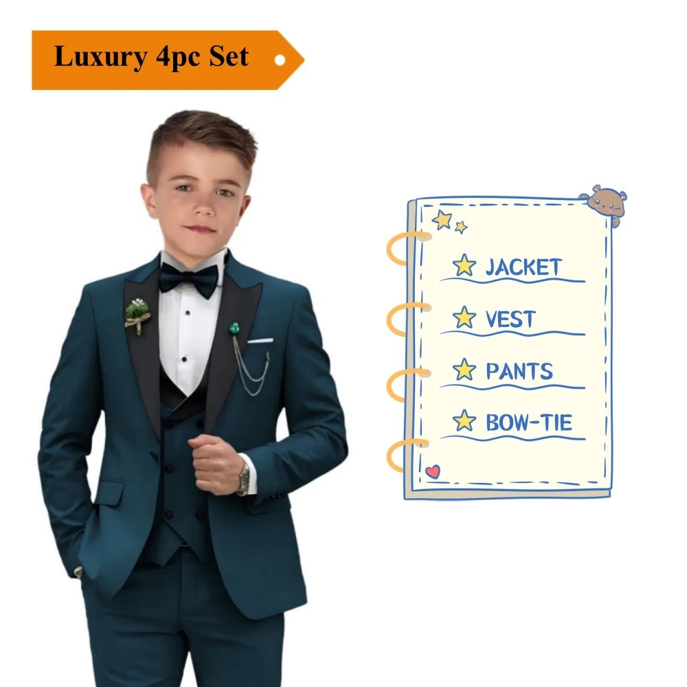 NEW Arrivals 4PCS Set Luxury Tuxedos Suit Set 2-14 Years Single Button Boy's Wedding Guest Birthday Evening Party Formal Events Suits Blazer Vest Pants Suit Children Luxury Fashion Clothing Supplies Apparel Products