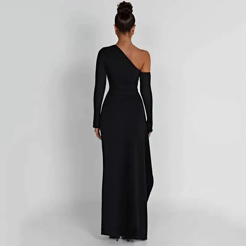 Italian Style Sexy Diagonal Shoulder Black Dress Elegant Long Sleeve Split Women Dress Spring Evening Party Night Clubwear Business Dinner Outfits Long Dress Girls Ladies Luxury Fashion Clothing Supplies