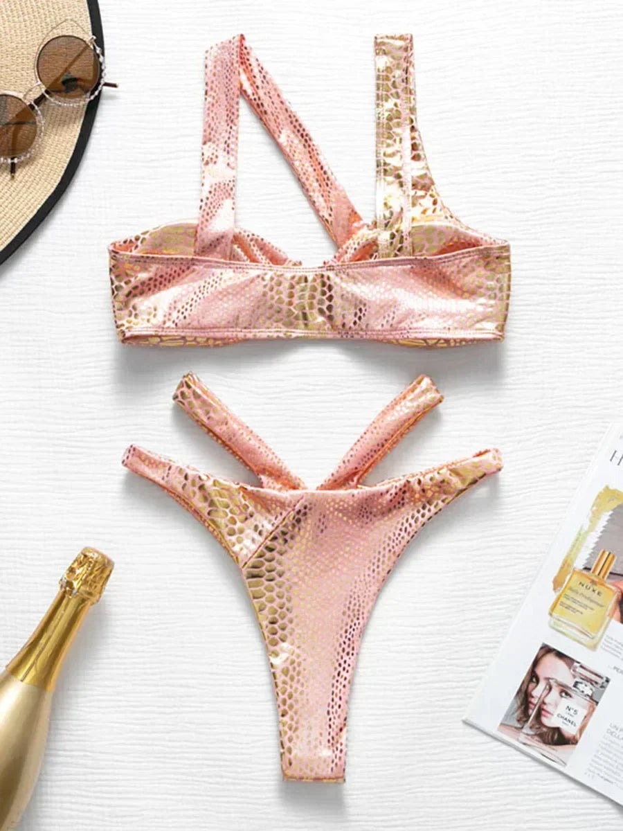NEW Arrivals Silver/Pink/Gold Asymmetric Shiny Snake Skin Thong Bikini Female Swimsuit Women Swimwear Two Pieces Bikini set High Cut Bather Bathing Suit Swim Girls Ladies Beach Wear