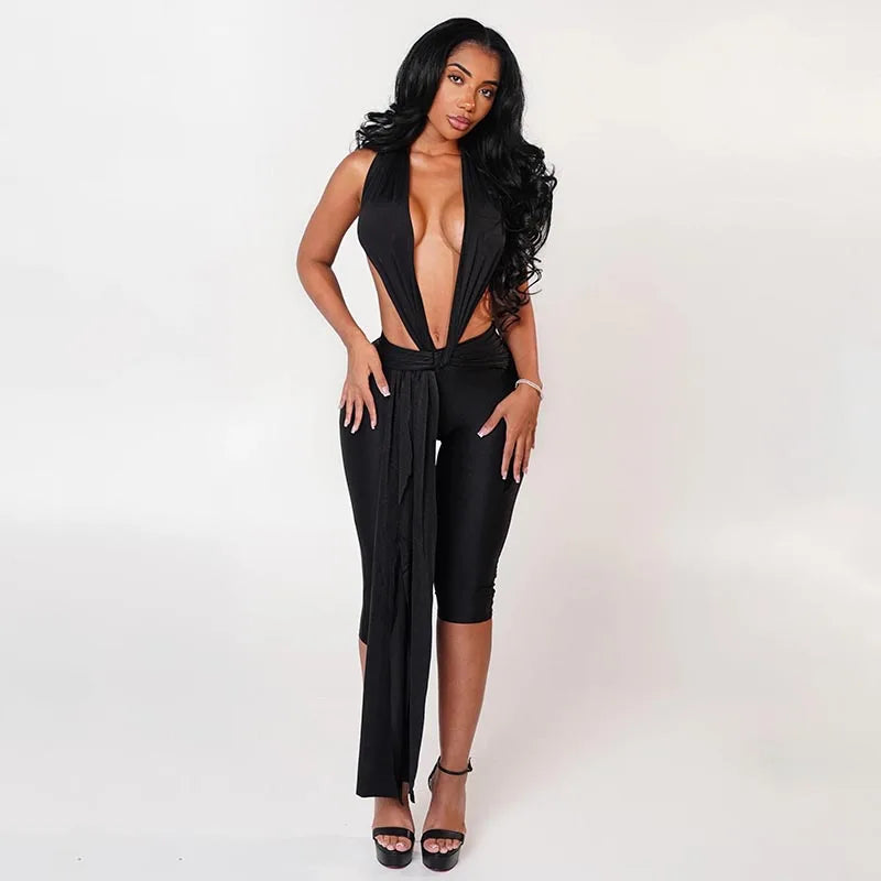 Black/Pink/Red Color Sexy Patchwork Halter Romper Women Ribbon Sleeveless Elastic Backless Workout Activewear Midnight Clubwear Prom Activity Slim Playsuits