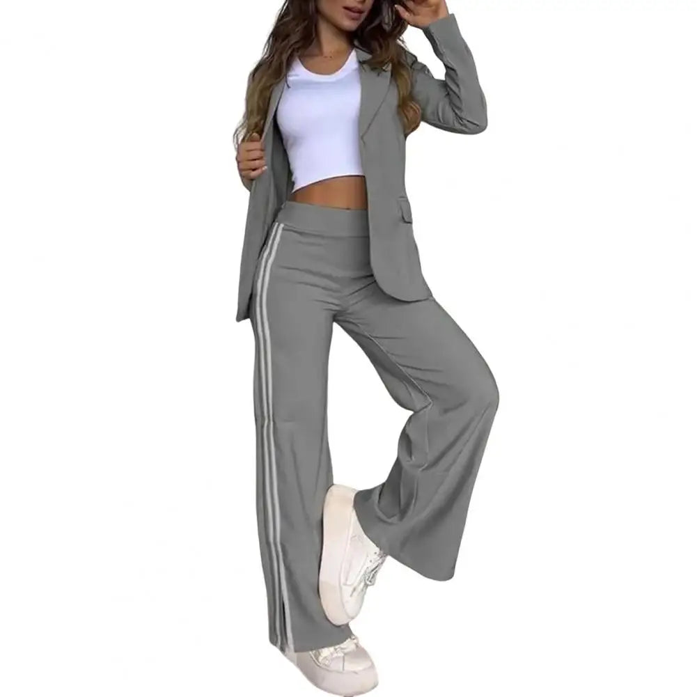 2 PCS Set S-3XL UK Size 5 Colors Women's Blazer Formal Coat Pants Set Autumn Winter Long Sleeves Jacket Loose Striped Wide Leg Casual Suit Outfit Girls Ladies Fashion Apparel Supplies