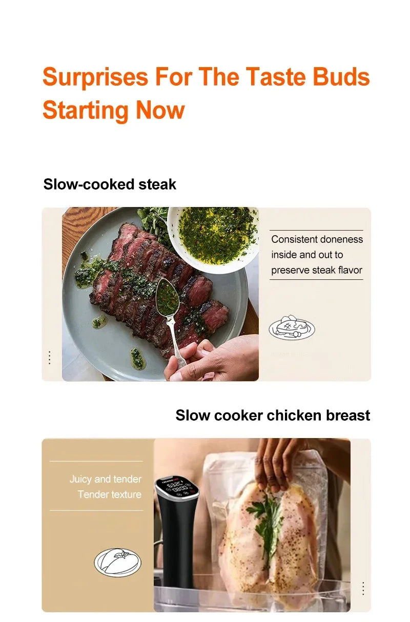 NEW 1100W Vacuum Sous Vide Cooker LCD Touch Screen Digital Display Immersion Circulator Accurate Cooking Waterproof Smart Slow Cooker App Control Connected Cooking