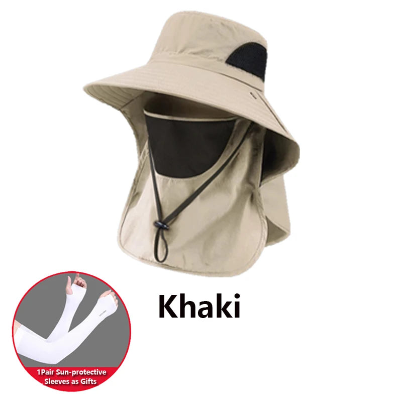 2 PCS Set Summer Sun Hats UV Protection Outdoor Beach Camping Hunting Fishing Cap For Men Women Hiking Camping Visor Bucket Hat Neck Flap Fisherman Hat