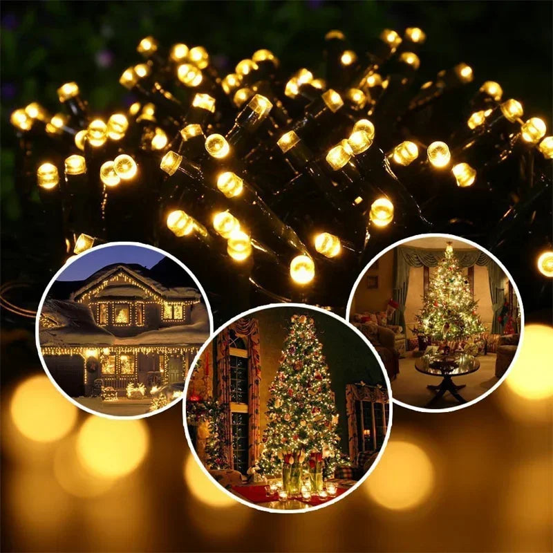 NEW Arrivals 12M-100LED Solar Powered LED String Lights for Outdoor Christmas Garden Patio Balcony 8 Lighting Modes Waterproof Flickering Effect Light Christmas New Year Eve Accessories Supplies