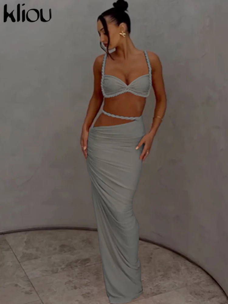 NIEW Arrivals Woven Sexy Women  Stunning Hot Solid Pleated Crop Camisoles +High Waist Maxi Skirts Female Trend Vacation Outfit