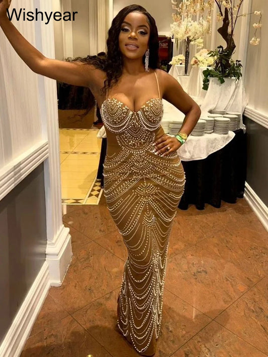 NEW Arrivals UK S-2XL Size Black/Brown Color Luxury Sparkly Crystal Rhinestone Pearl Celebrities Gown Brown Dress Woman Strap Evening Party Birthday Prom Wedding Party Gown