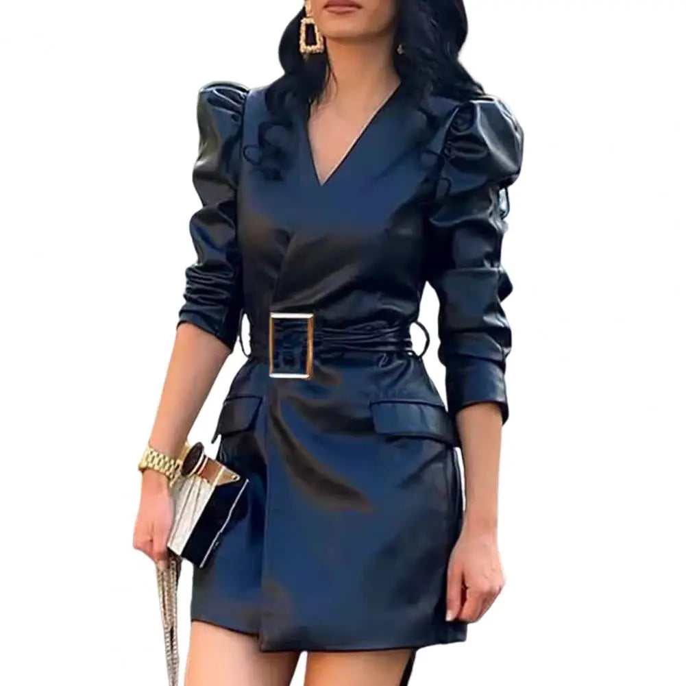 NEW Arrivals S-XL 4 Colors Summer Women Dress Smooth Faux Leather V Neck Long Bubble Sleeves Belted Waist Lady Dress Slim Fit Solid Color Mini Dress Ladies Luxury Fashion Clothing Supplies