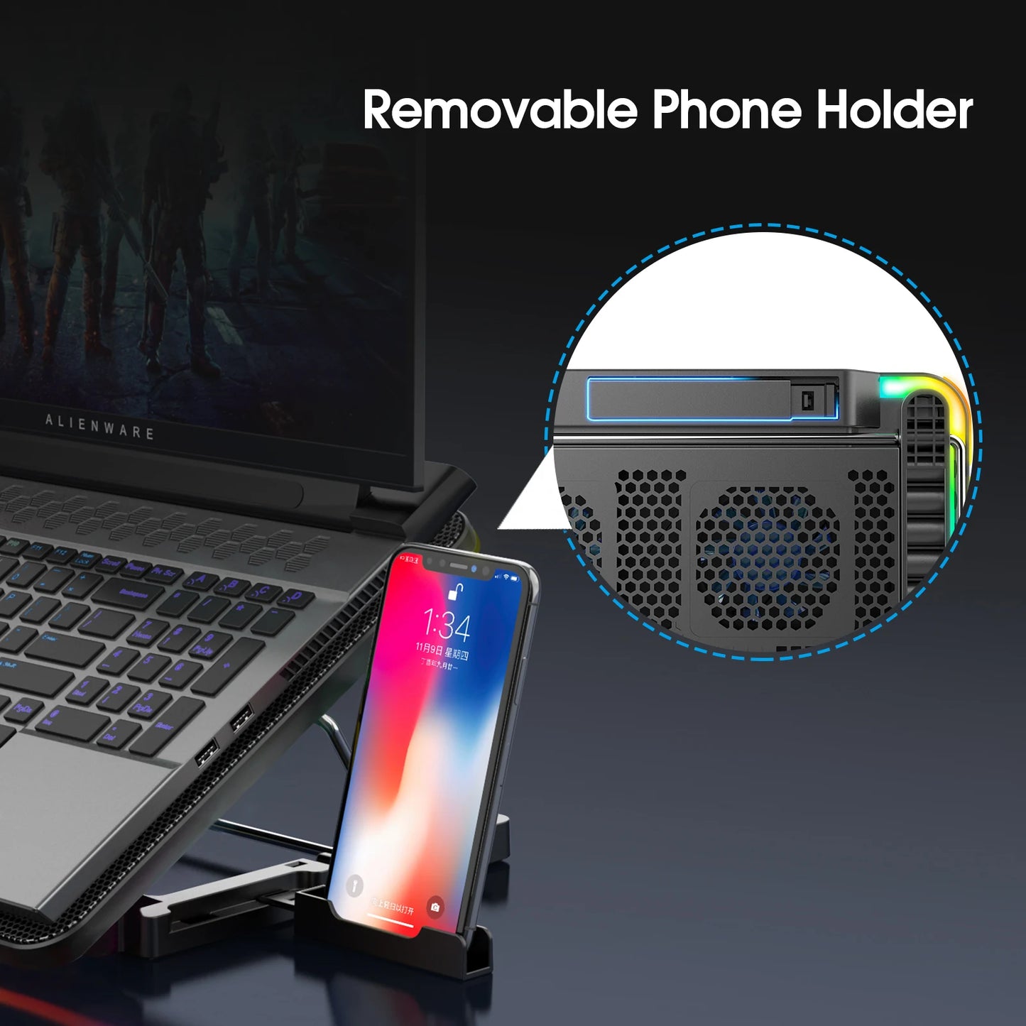 15.6-17.3inch Laptop Cooling Pad with 6 Quiet Fans,7 Height Wind Speed Adjustable,Laptop Cooer With Mobile Phone Holder