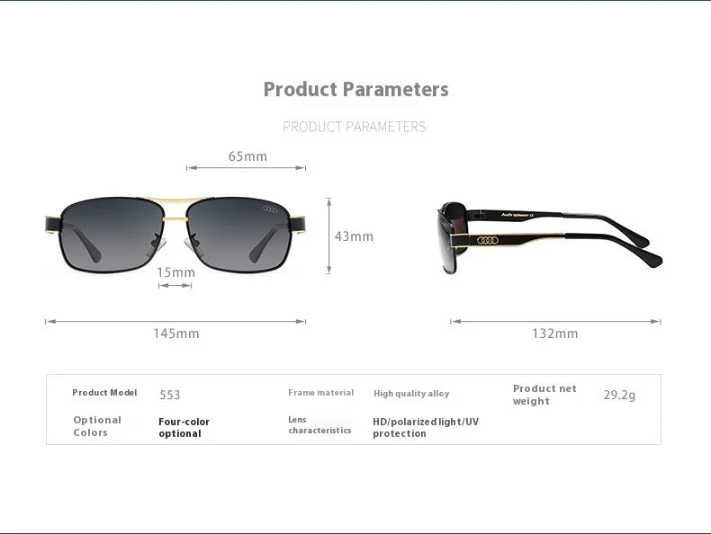 AUDI Luxury 4 Colors  Glasses + Original Case UV400 Polarized Rectangle Sunglasses for Men Women Driving Motorcycle Cycling Glasses with Anti-Glare Lens 553