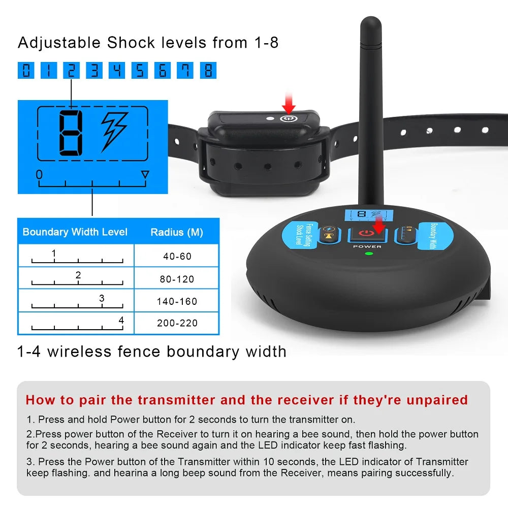 200m Dog Wireless Rechargeable Electric Fence, IP68 Waterproof Beep + Shock Training Mode, Transmitter and Collar Combo