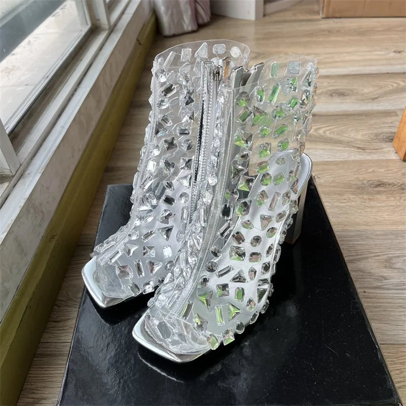 Crystal Transparent Rhinestone Zippered Sandals Spicy Girl Hot Dance Nightclub High Heels Silver Dress Paired with Women's Shoes