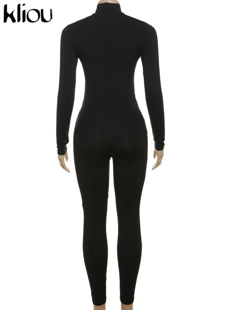 Solid Concise Jumpsuits Women Basic Autumn Long Sleeve Stand Neck Hollow Out Skinny One Piece Female Classic Activewear