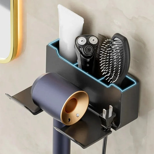 NEW Arrivals 4PCS Set 3 Colors Wall Mounted Non Perforated Hair Dryer Storage Rack Bathroom and Placement Rack Multi Functional Storage Bathroom Accessories