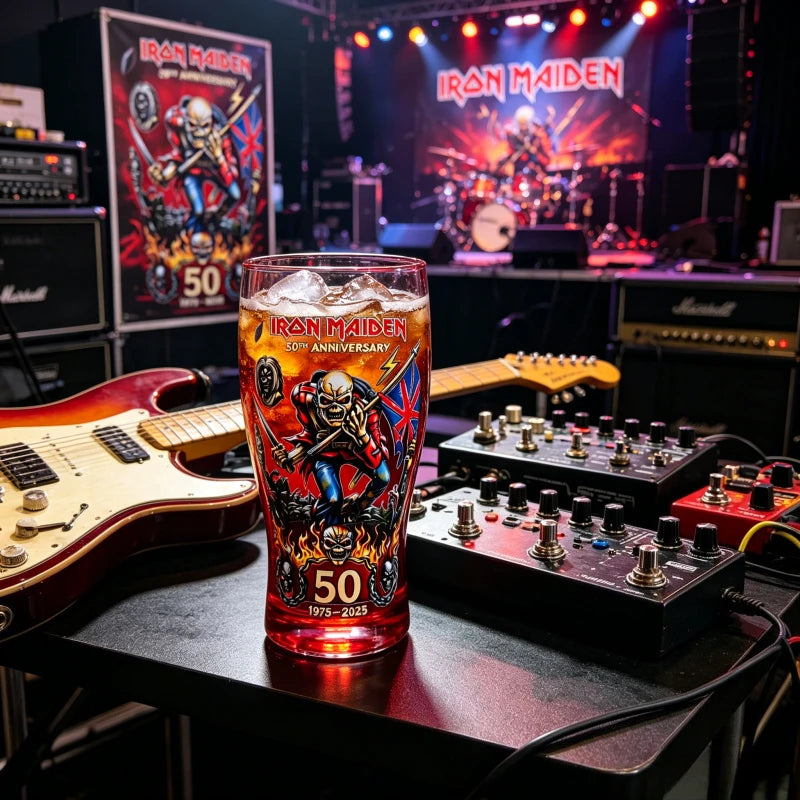 IRON MAIDEN 50th Anniversary Collectible Beer Glass, 500ml 16oz The Trooper Eddie Skull Sticker Craft Pint Glass, Heavy Metal Rock Band Lovers Fans Home Bar Pubs Night Rock Club Drinkware Accessories Barware Supplies