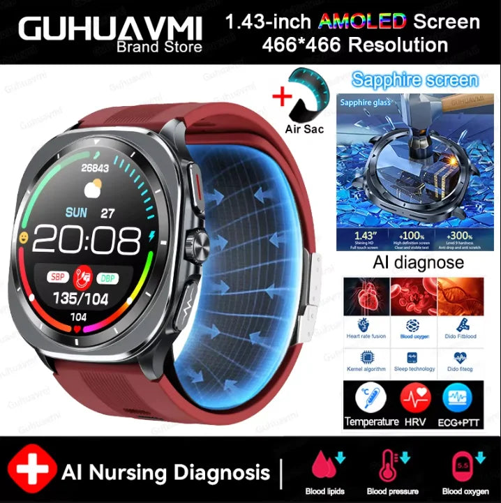 New Health Track Smartwatch NFC Air Pump Airbag Lipids ECG+PPG Uric acid Health BT Call Measure Health Smartwatch Men Women Sports Health Care Supplies