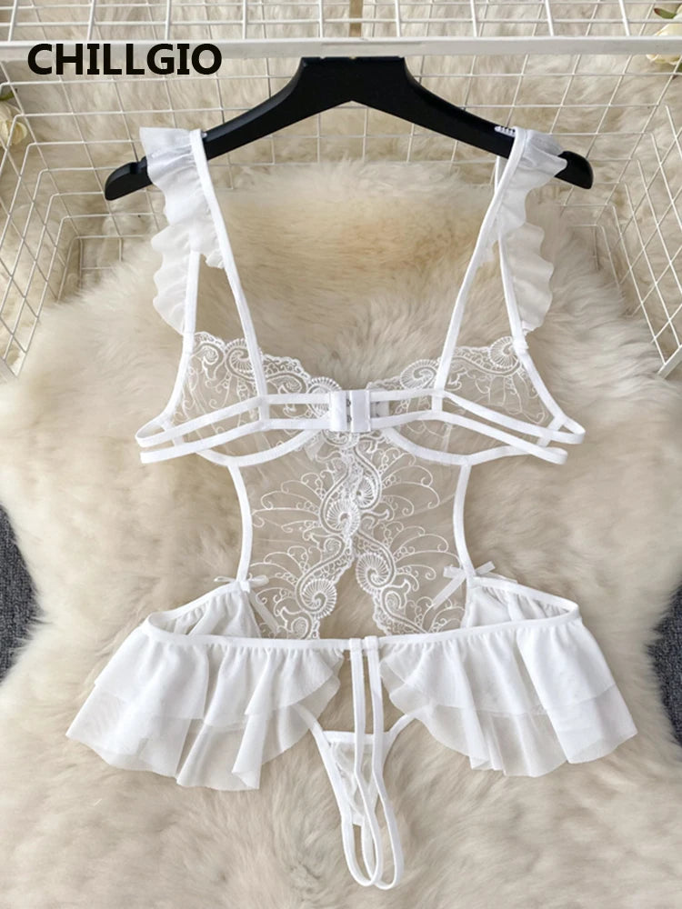 Women Sexy Transparent Mesh Strappy Bodysuits Erotic Backless Catsuits Hollow One Piece Floral Lace Combination Rompers
