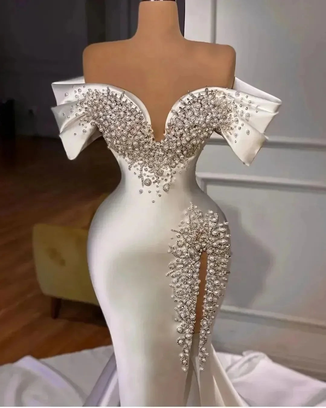 Low-Price Sales are Limited NEW S-3XL White/Ivory Customized Luxury Pearls Mermaid Wedding Dress Off The Shoulder Beaded Split Bridal Gowns Bride Satin Arabic Dubai De Mari Ladies Luxury Fashion Clothing Supplies