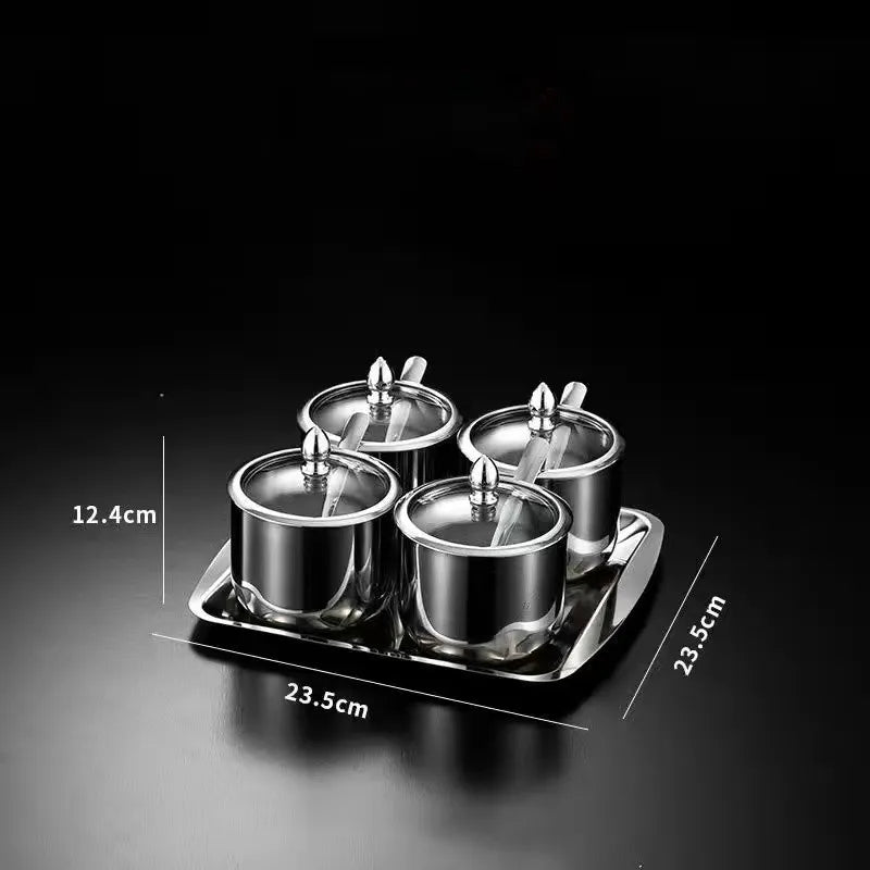 NEW Arrivals 2/3/4 Sets Luxury Golden 304 Seasoning Box Bottle Glass Pot Cap with Spoon Flavoring, Holder Rack Tank Sauce Spice Jar Salt Soy Storage Box Kitchenware Preparing Cooking Tools