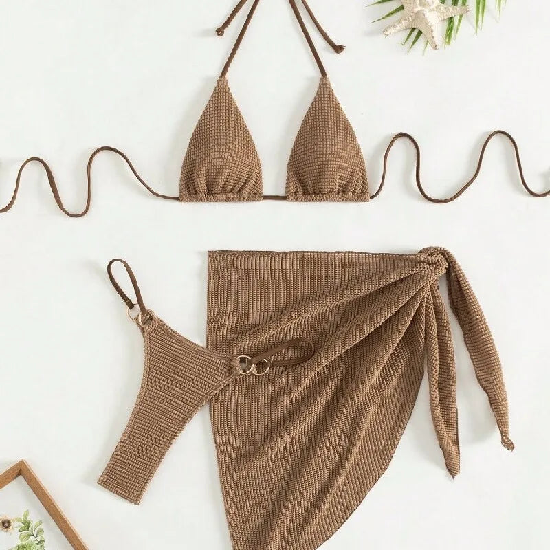 NEW Arrivals HOT SALE 3 PCS Set Sexy Brown Bikini Set Women Halter Push Up Padded Bra Skirt Swimsuit Summer Bathing Suit Cover Up Thong Swimwear
