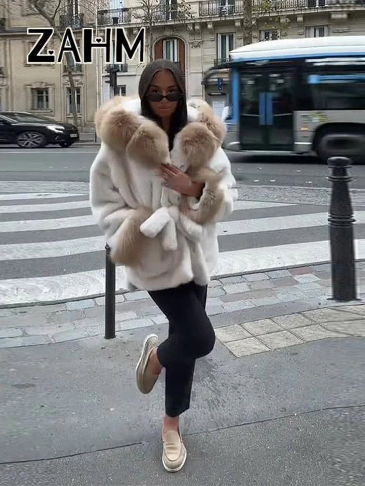 NEW UK Size Black/White/Gray Color Elegant Collar Fur Lace Up Coat Women Loose Full Sleeve Open Stitch Lapel Warm Coats Female Autumn Winter Thicken Top New Girls Winter Outwear