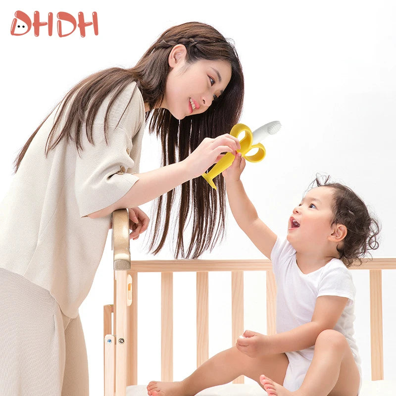 2 PCS Set Baby Medical Silicone Teething Training Toothbrush BPA Free Banana Shape Safe Toddle Teether Chew Toys Teethers Soothe Babies Gums