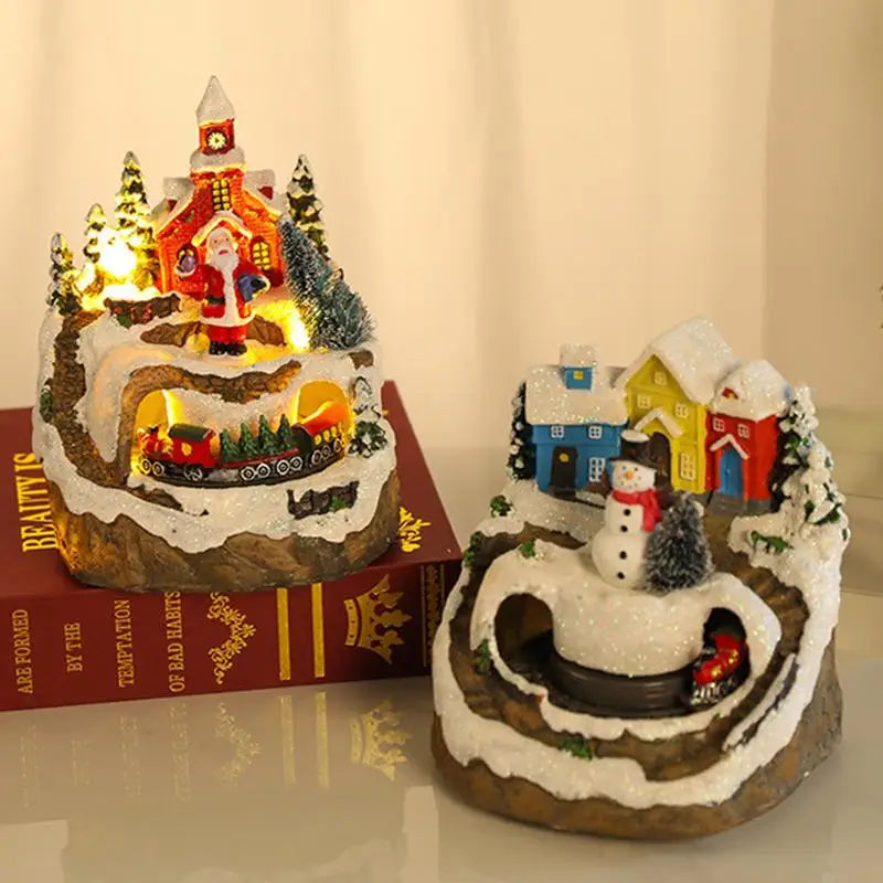 Christmas Luminous Music Snow House LED Rotating Train Lighting  Ornament Crafts Resin Christmas Tree Decorations Xmas New Year Gift