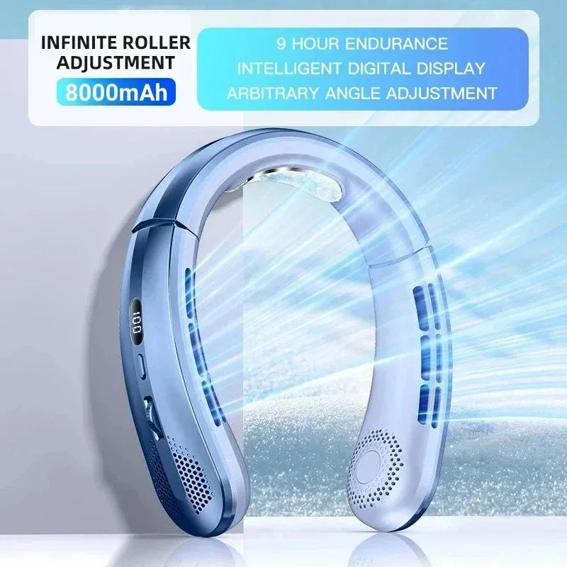 8000mAh USB Hanging Powerful Neck Fan Portable Bladeless Mini Rechargeable Mute LED Digital Display Electric Air Cooler Handheld.