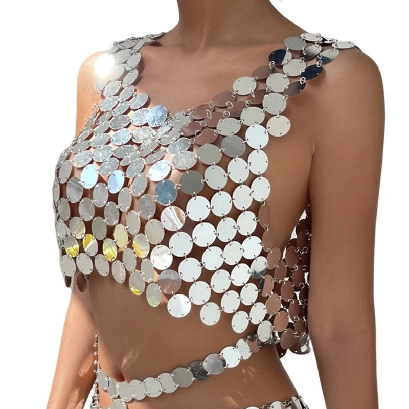 NEW Arrivals Sparkling Silver Sequins Backless Crop Tanks Top with Waist Chain Skirt Set Beach Festival Body Jewelry Outfit for Women Girls