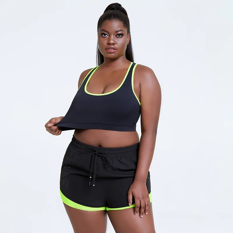 L - 4XL Women 2 Piece Bra Short Set Plus Size Yoga Gym Sets Girl Sportswear Fitness Sport Suit Gym Outfit Workout Clothes Activewear 4XL